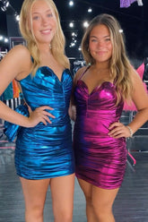 Metallic Blue Homecoming Dresses Spaghetti Straps Backless Tight Short Cocktail Dresses