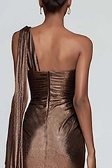 Suzhoufashion Metallic Brown One Shoulder Long Mermaid Prom Dress With Slit