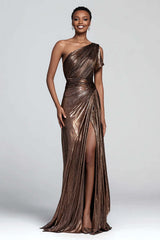 Suzhoufashion Metallic Brown One Shoulder Long Mermaid Prom Dress With Slit