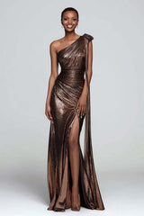 Suzhoufashion Metallic Brown One Shoulder Long Mermaid Prom Dress With Slit