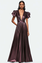 Metallic Dusty Purple Wedding Guest Dress V-Neck Pleated Satin Formal Dress