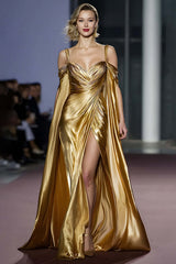 Suzhoufashion Metallic Golden Cold Shoulder Long Gala Dress With Slit