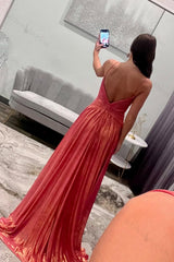 Metallic Orange Prom Dress A Line Spaghetti Straps Formal Dress