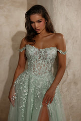 Mint Green Tulle A Line Prom Dress with Off Shoulder Lace Straps