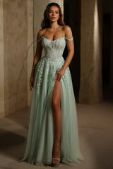 Mint Green Tulle A Line Prom Dress with Off Shoulder Lace Straps