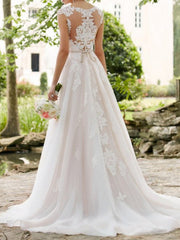 Modern A-Line Wedding Dress V-Neck Lace Tulle Straps Bridal Gowns Formal Illusion Detail with Sweep Train