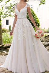 Modern A-Line Wedding Dress V-Neck Lace Tulle Straps Bridal Gowns Formal Illusion Detail with Sweep Train