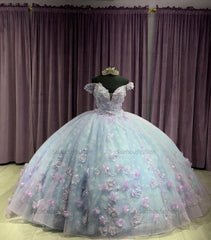Modern & Chic Ball Gown Off Shoulder V Neck 3D Flower Applique Princess Birthday Evening Party Gown Quinceanera Dress For Sweet 16