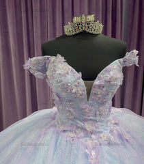 Modern & Chic Ball Gown Off Shoulder V Neck 3D Flower Applique Princess Birthday Evening Party Gown Quinceanera Dress For Sweet 16