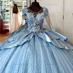 Modern & Chic Ball Gown Scoop Neck Long Sleeves 3D Flower Lace Applique Beaded Tiered Blue Tulle Quinceanera Dress Princess Party Gown For Sweet 16