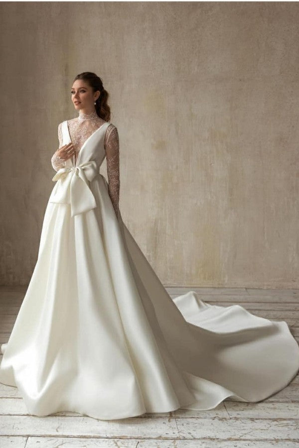 Modern High-Neck Satin Tulle Lace Long Sleeves Wedding Dress with Bow On Sale | Suzhoufashion Modern High-Neck Satin Tulle Lace Long Sleeves Wedding Dress with Bow On Sale | Suzhoufashion
