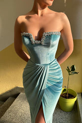 Modern Long Strapless Crystal Split Front Velvet Prom Dresses