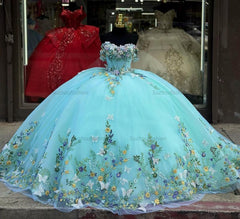 Modern & Luxury Ball Gown Off Shoulder 3D Butterfly Flowers Appliques Lake Blue Tulle Princess Quinceanera Dress Evening Party Gown For Sweet 16