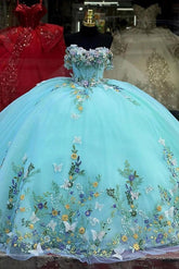 Modern & Luxury Ball Gown Off Shoulder 3D Butterfly Flowers Appliques Lake Blue Tulle Princess Quinceanera Dress Evening Party Gown For Sweet 16