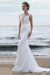 Modern Mermaid Beach Wedding Dress Jewel Chiffon Lace Straps Sexy See-Through Bridal Gowns with Chapel Train