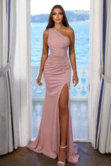 Modern One Shoulder Holiday Dress Long Pink Prom Dresses Split Online