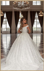 Modern Princess Long White Off-the-Shoulder Glitter Long Bridal Dress