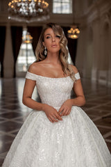 Modern Princess Long White Off-the-Shoulder Glitter Long Bridal Dress