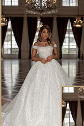 Modern Princess Long White Off-the-Shoulder Glitter Long Bridal Dress