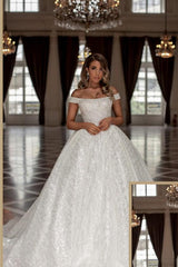 Modern Princess Long White Off-the-Shoulder Glitter Long Bridal Dress