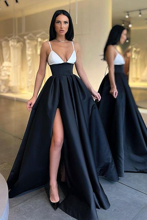 Modern Spaghetti-Straps Black and White Evening Prom Dresses Long With Slit