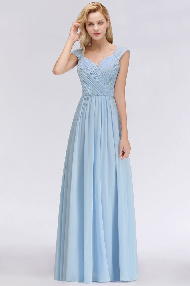 Modern V-Neck Chiffon aline Bridesmaid Dress Sky Blue Long Evening Swing Dress