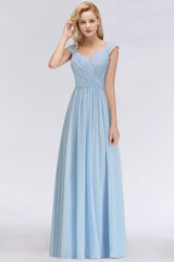 Modern V-Neck Chiffon aline Bridesmaid Dress Sky Blue Long Evening Swing Dress