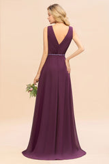 Modern V-Neck Hi-Lo Party Dress Elegant Beads Chiffon Bridesmaid Dress