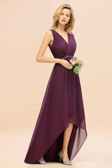Modern V-Neck Hi-Lo Party Dress Elegant Beads Chiffon Bridesmaid Dress