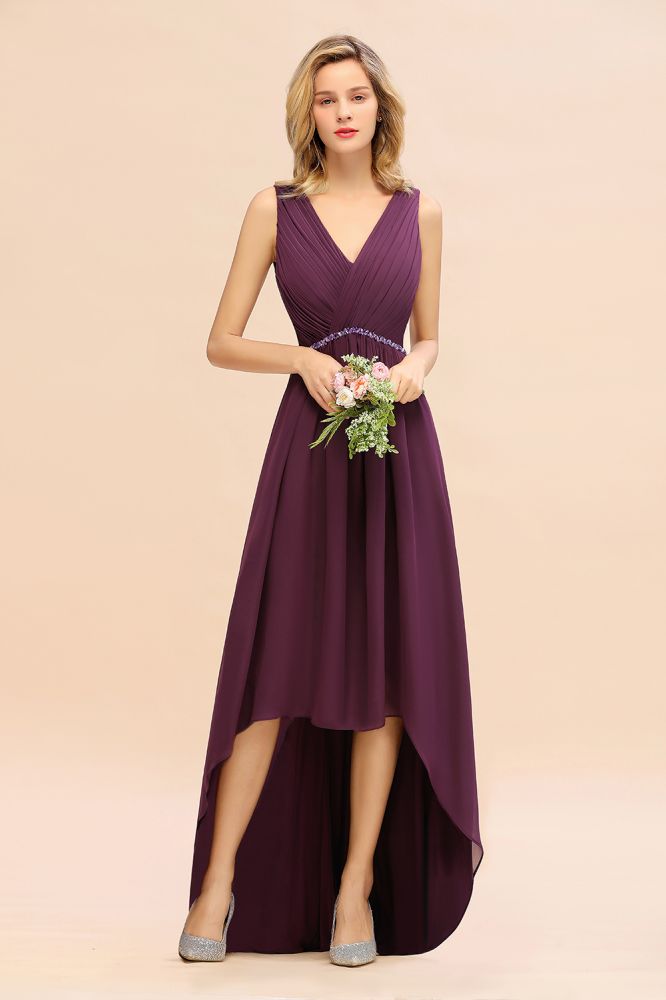 Modern V-Neck Hi-Lo Party Dress Elegant Beads Chiffon Bridesmaid Dress