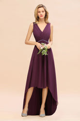 Modern V-Neck Hi-Lo Party Dress Elegant Beads Chiffon Bridesmaid Dress