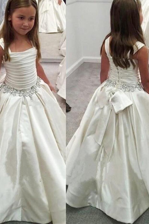 Modest A-Line White Children Dresses Sleeveless Beading Flower Girl Gowns with Bowknot