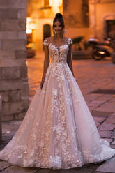 Modest Aline Wedding Dress Cap Sleeves Floral Tulle Lace Floor Length Bridal Dress