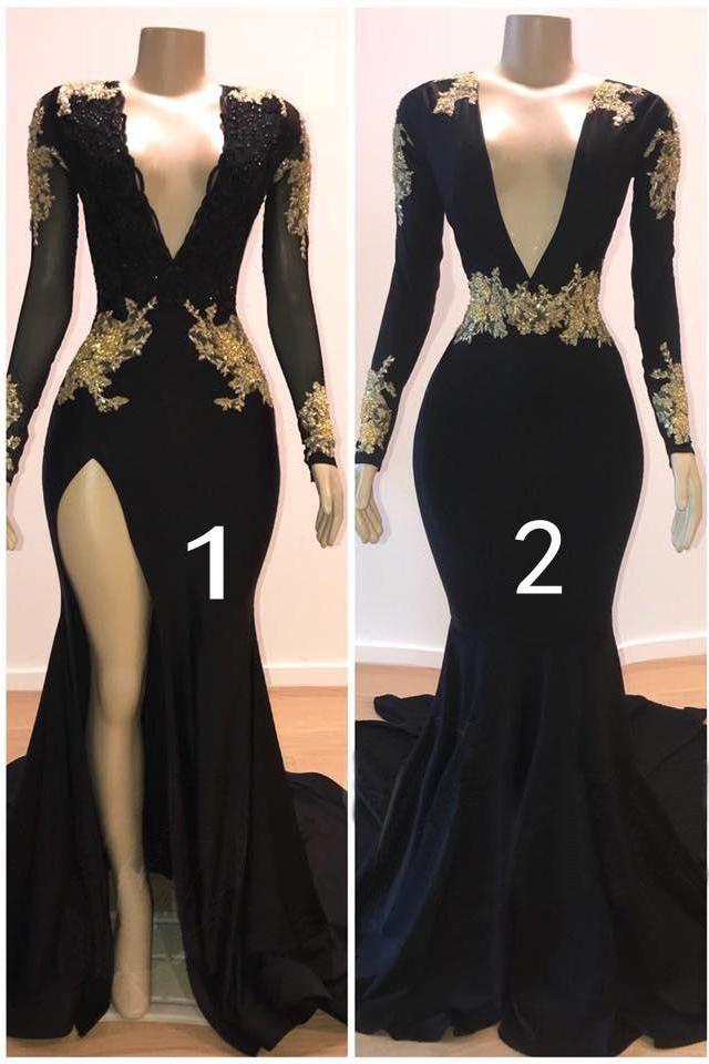 Modest Deep V-Neck Long Sleeves Sweep Train Prom Dresses | Gold Appliques Front Split Long Evening Gown