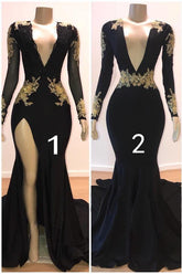 Modest Deep V-Neck Long Sleeves Sweep Train Prom Dresses | Gold Appliques Front Split Long Evening Gown
