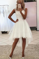 Modest Sleeveless White Lace Tulle Hi-Lo Beach Wedding Dress