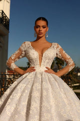Modest Sweetheart 3/4 Length Sleeves Ball Gown Lace Bridal Dress Rhinestones