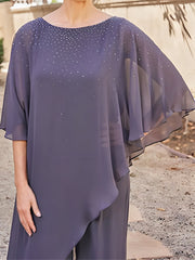 Mother of the Bride 2 Piece Chiffon Pantsuit with 3/4 Sleeves and Rhinestones