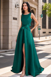 Mother of the Bride Scoop Neck A Line Dress with High Split and Bow