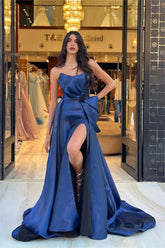 Navy Blue Prom Dress Strapless Sleeveless Long Split Evening Formal Dress With Bowknot