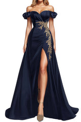 Navy Blue Wedding Guest Dress Beaded Satin A Line Long Formal Dress With Slit