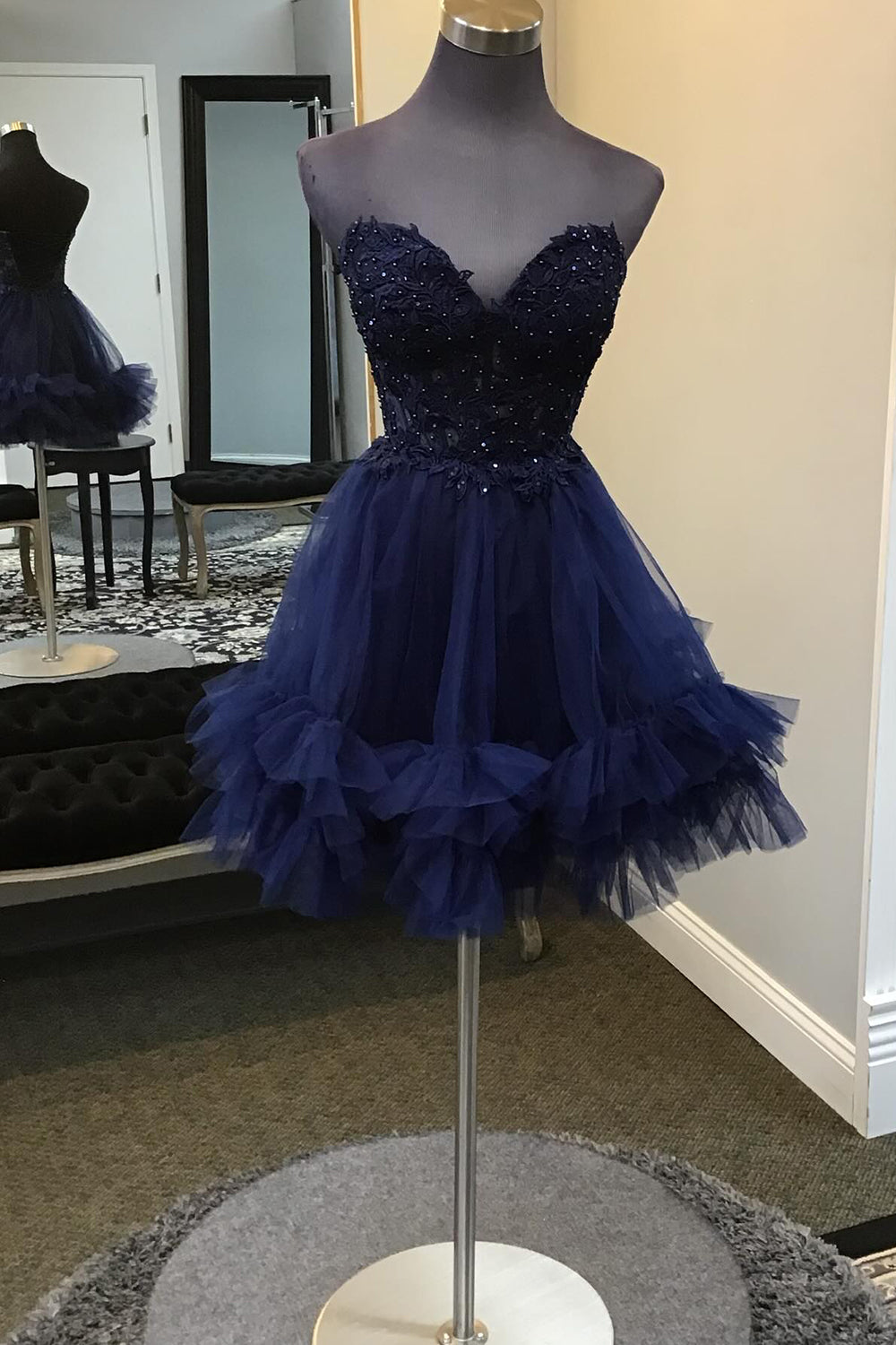 sachin and babi light blue dress Navy Homecoming Dress Beaded A Line Short Prom Dress with Appliques Suzhoufashion