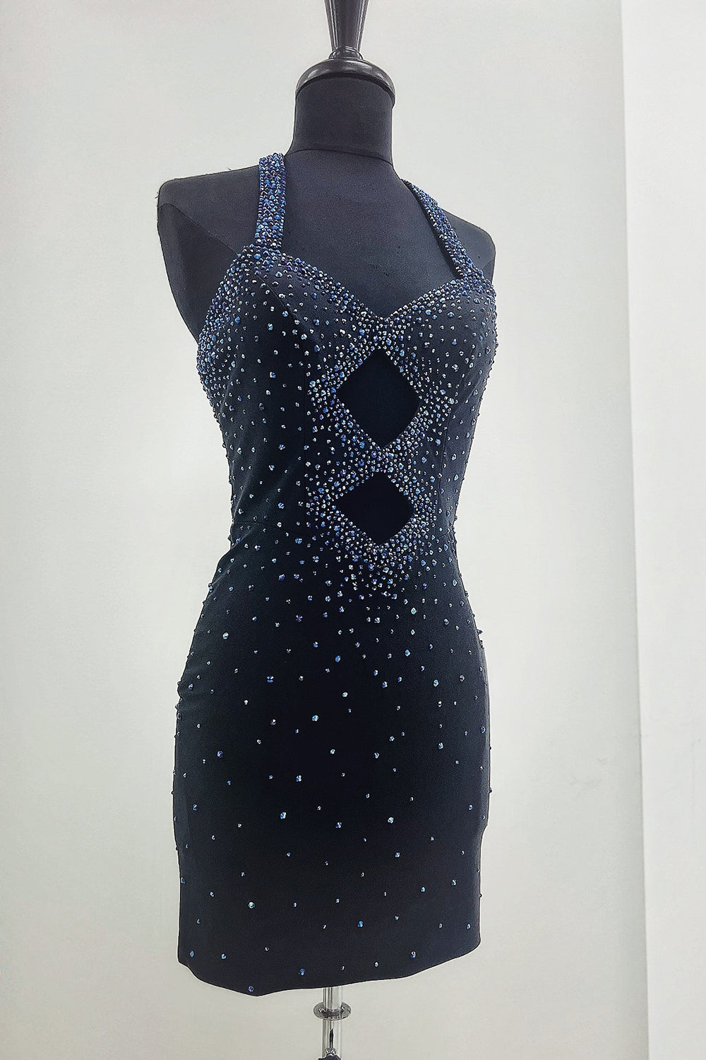 Navy Homecoming Dresses Beaded Halter Tight Short Cocktail Dresses