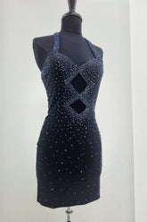Navy Homecoming Dresses Beaded Halter Tight Short Cocktail Dresses