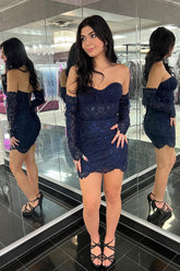 Navy Homecoming Dresses Corset Lace Tight Prom Dress with Detachable Sleeves