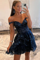 Navy Homecoming Dresses Corset Tiered Lace A-Line Short Cocktail Dresses