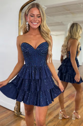 Navy Homecoming Dresses Sweetheart Corset Short Cocktail Dresses With Ruffles