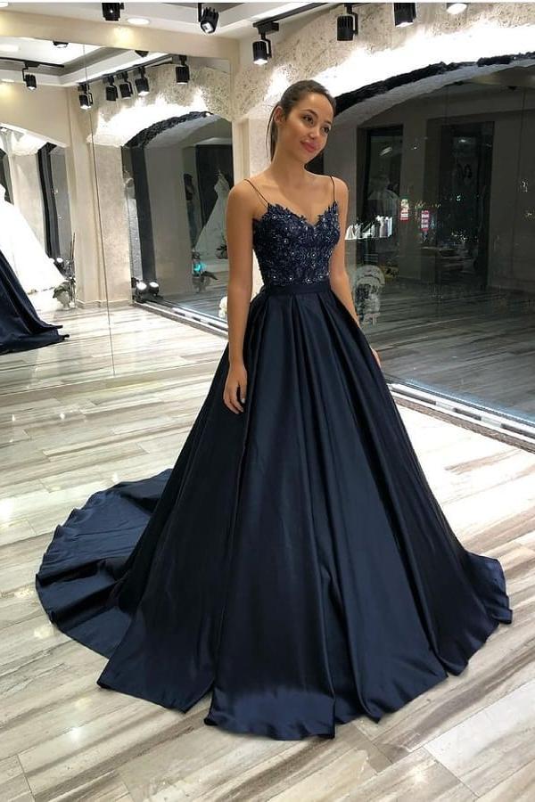 Navy Long A-line Prom Dresses with Lace suzhoufashion Navy Long A-line Prom Dresses with Lace suzhoufashion