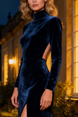 Navy Mermaid Velvet Long Holiday Party Dress With Sleeves