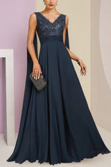 Navy Mother of the Bride Dress A Line V Neck Sequined Sleeveless Chiffon Formal Dress